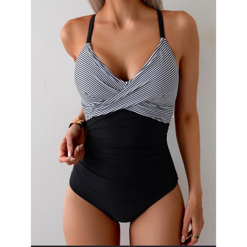 Nautical‎ Black White Striped Wrap One Piece Swimsuit Tummy Control NEW M Chic